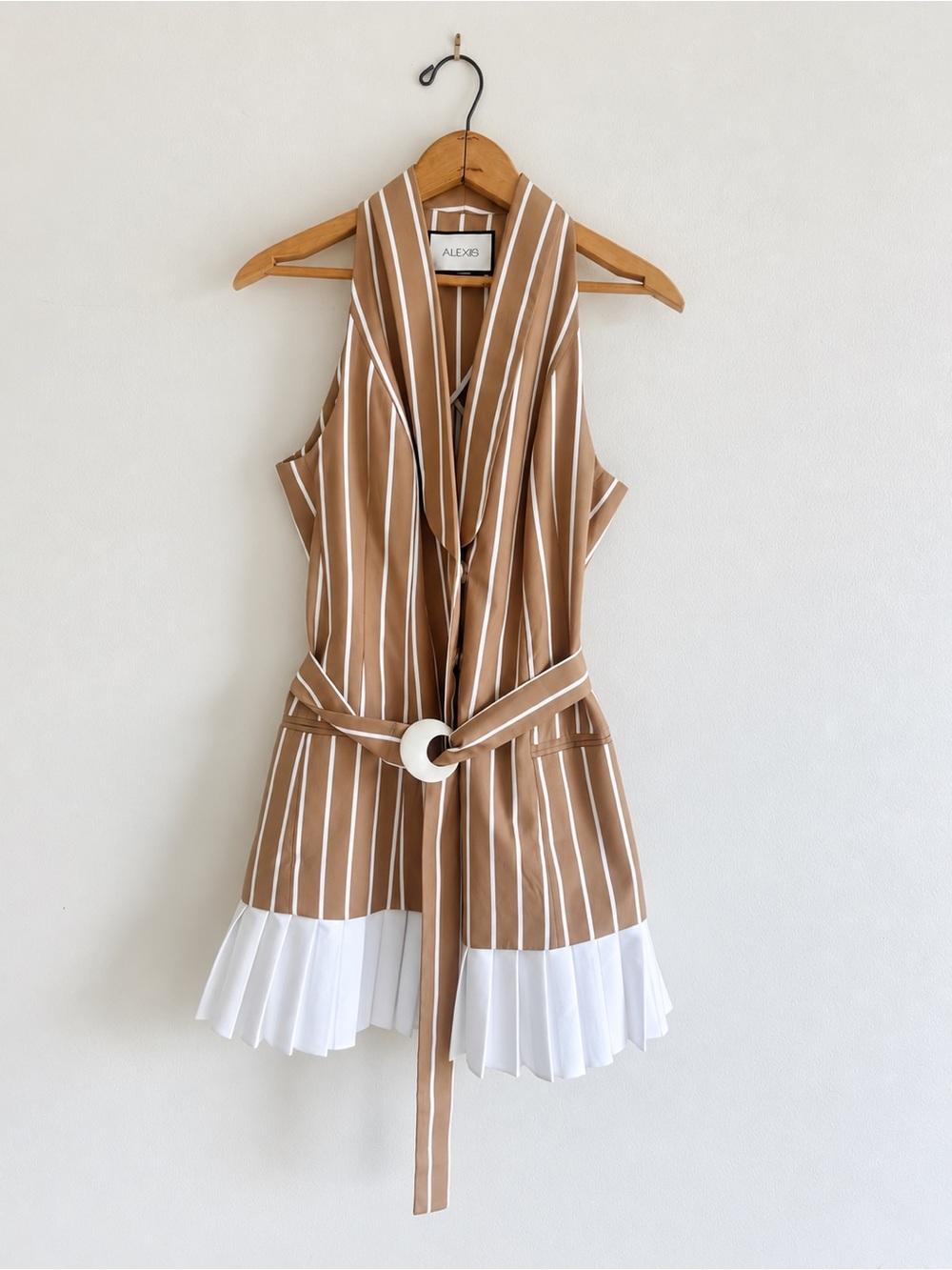 ALEXIS Tan and White Striped Sleeveless Belted Mini Dress
